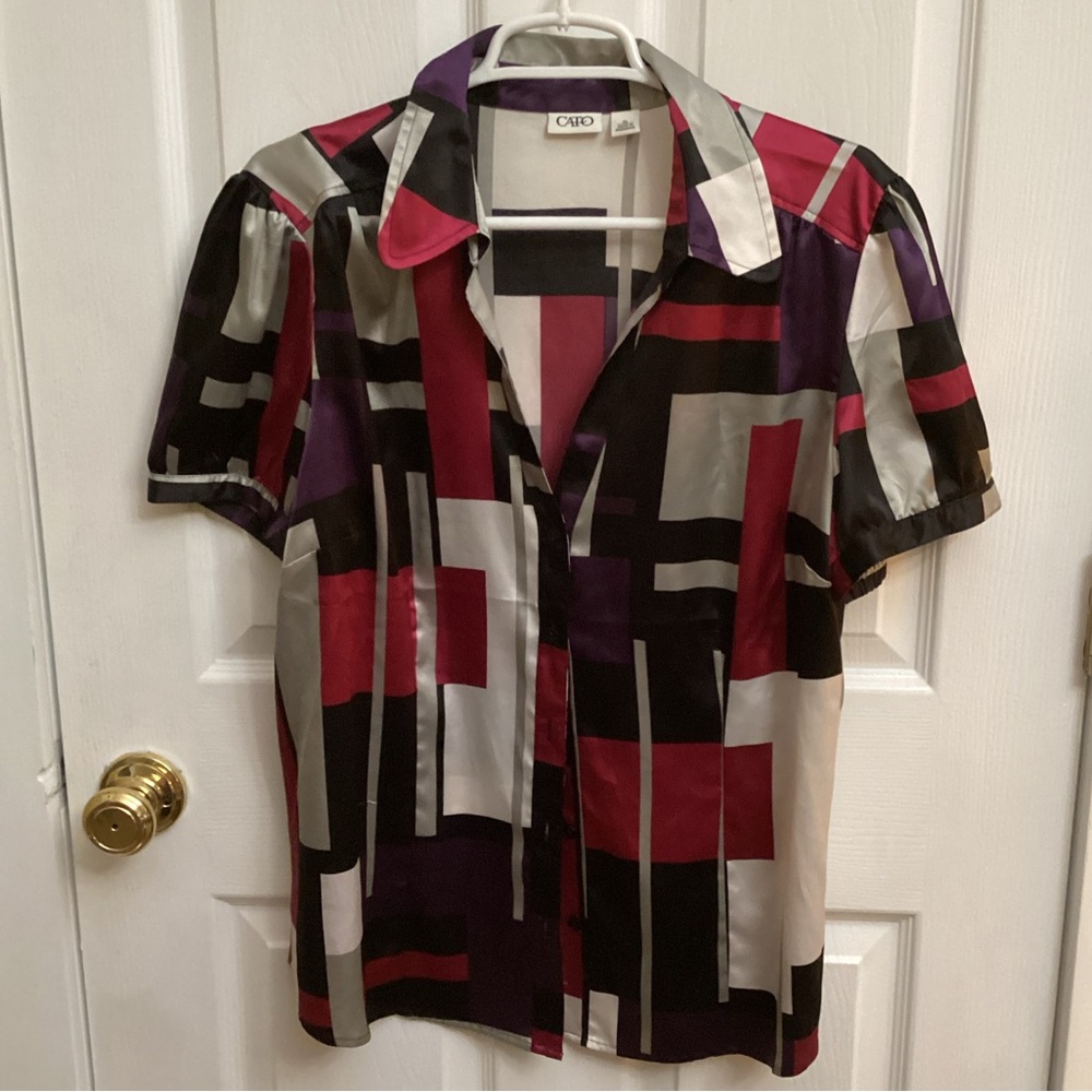 Cato Geometric Short-Sleeve Button Down Shirt - Black, Red, Purple, Cream